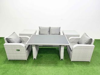 Fimous Outdoor Rattan Garden Furniture Dining Set 4-seater with 2 Side Tables in Light Grey