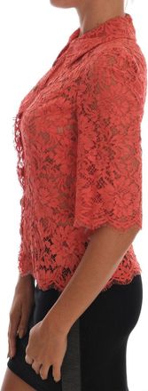 Dolce & Gabbana Womens Orange Crystal Buttons Floral Lace Blouse Cotton