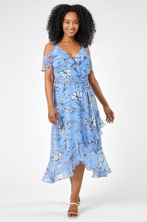 Roman Floral Cold Shoulder Chiffon Midi Dress