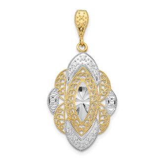 Diamond2Deal 14k Yellow Gold Rhodium Diamond-Cut Filigree Oval Charm