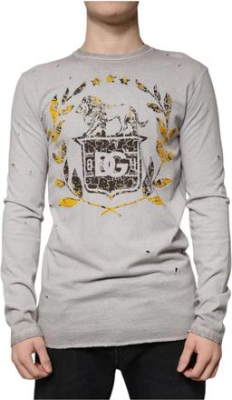 Dolce & Gabbana Logo Detail Katoenen Trui Grijs Mannen - Heren - Longsleeves - Grijs - M - Katoen - Tops