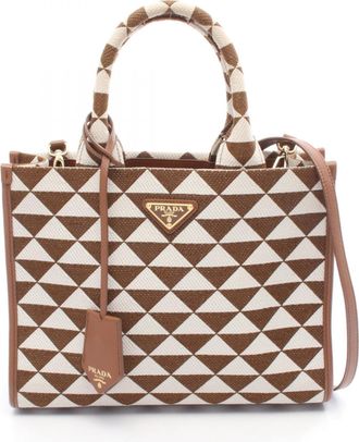 Prada Brown White Canvas Tote Bag (Pre-Owned)