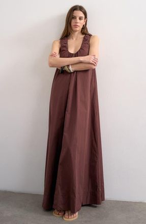 Topshop Ruched Cotton Poplin Maxi Dress in Brown at Nordstrom, Size 14 Us