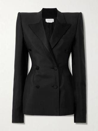 Alexander McQueen Blazer Doppiopetto In Misto Lana E Mohair Con Finiture In Seta - Nero