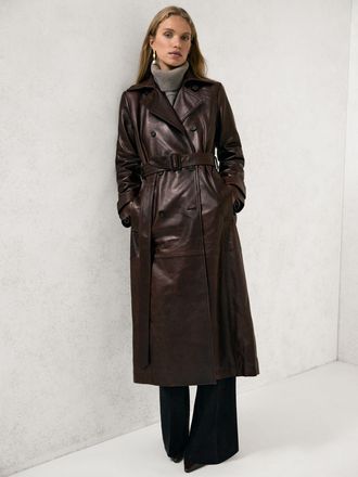 Reiss Chocolate Leather Double-breasted Trench Coat, 18