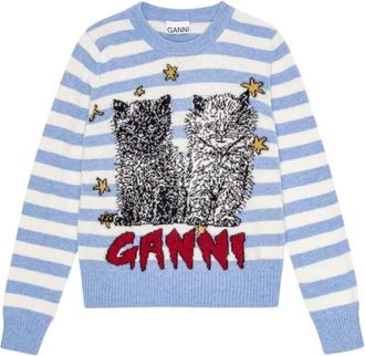 Ganni Gestreepte Kat Grafische Crewneck Sweater - Dames - Ronde hals truien - Blauw - XS - Wol - Truien & Vesten