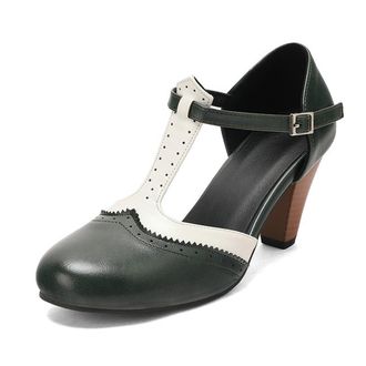 Generic Womens T-Strap Perforated Colorblock Oxfords Dress Pumps Round Toe Chunky Heel Mary Jane Shoes with Adjustable Strap (Green,8.5)