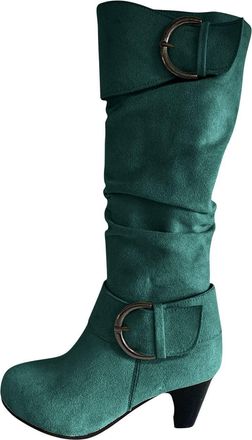 Generic Ladies Mid Calf Boots Casual Faux Suede Long Booties Stylish Side Zipper Classic Buckle Kitten Heel Cosy Pull On Riding Boots Fall Winter