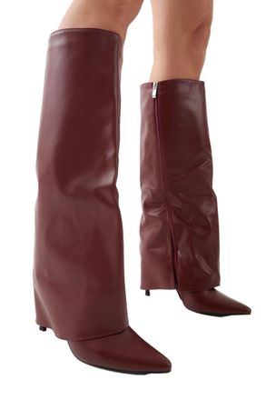 Misspap Faux Leather Foldover High Stiletto Knee High Boots, 7, Wine