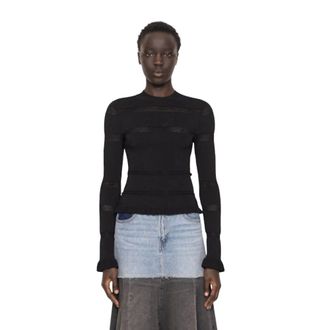 Sea NY Tops, Dames, Zwart, M, Gebreide korte mouw top met transparante accenten