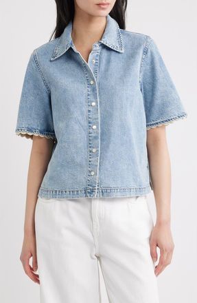Frame Denim Denim Crochet Trim Button-Up Top in Lacewing at Nordstrom, Size X-Small