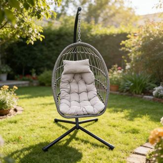 Fimous Indoor Outdoor Patio Rattan Single Egg Hanging Chair Garden in Dark Grey