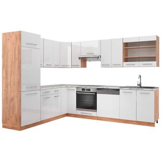 Vicco Cocina Esquinera Fame-line, Blanco Brillo Intenso/roble Dorado, 227 X 287 Cm, Et M&aacute;rmol