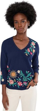 Johnny Was 3/4 Sleeve Trapunto V-Neck T-Shirts - Ziviana Womens Clothing Blue Night : 2XL, Cotton