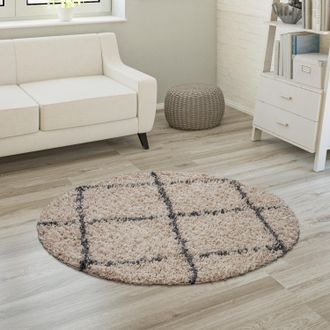 Paco Home Paco Home - Alfombra De Pelo Largo, Suave Sal&oacute;n Shaggy Estilo Escandinavo Motivo De Rombos &Oslash; 200 Cm Redondo, Beige-antracita