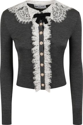 Self Portrait Anthracite Grey Lace Collar Knit Cardigan with Jeweled Buttons