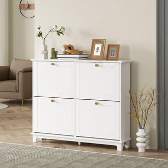 HOMCOM Narrow Shoe Cabinet with 4 Flip Drawers Adjustable Shelves, White