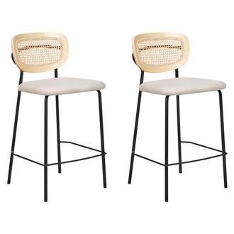 Beliani Beliani - Conjunto De 2 Sillas De Bar Modernas Trenza Vienesa Respaldo De Rat&aacute;n Taburetes Asiento De Poli&eacute;ster Sin Reposabrazos Patas Negras Beige Cla