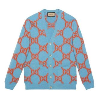 Gucci Wool Cardigan With GG Intarsia Light Blue Orange 764738-XKDPB-4001