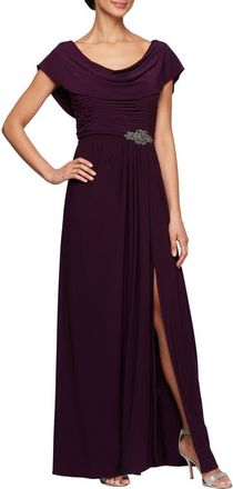 Alex Evenings Cowl Neck Beaded Waist Gown in Eggplant at Nordstrom, Size 14