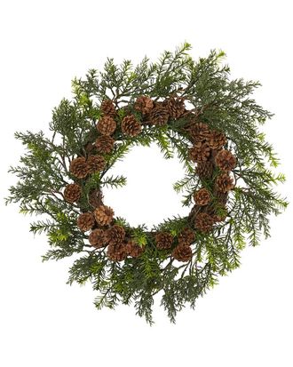 Nearly Natural 22In. Cedar, Grass & Pine Cone Artificial Wreath UV Resistant (Indoor/Outdoor)