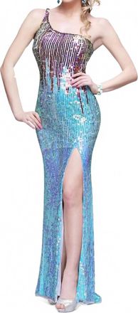 Primavera One Shoulder Intricately Beaded Prom Gown In Aqua