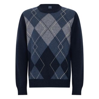 Fedeli Trui met ruitpatroon en ronde hals - Heren - Ronde hals truien - Blauw - L - Kasjmier - Truien & Vesten