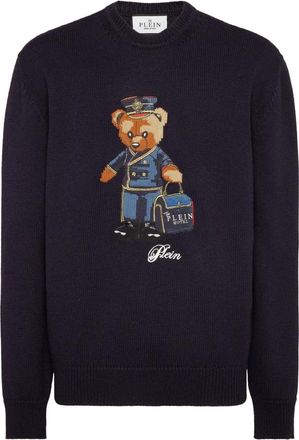 Philipp Plein Ronde Hals Gebreide Pullover Reception Teddy - Heren - Ronde hals truien - Blauw - 3XL - Wol - Truien & Vesten