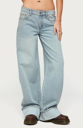 Edikted Contrast Heart Low Rise Cuffed Wide Leg Jeans in Light Blue at Nordstrom, Size X-Large