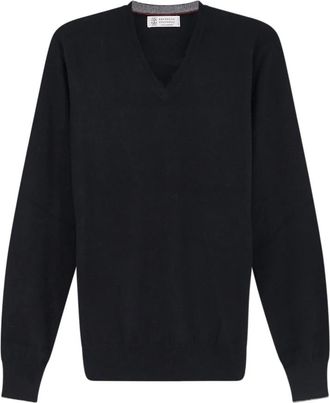 Brunello Cucinelli Cashmere V-neck Sweater - Heren - Cashmere truien - Zwart - L - Kasjmier - Truien & Vesten