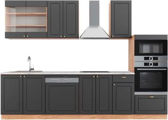 Vicco Mueble De Cocina Fame-line, Antracita Casa De Campo/roble Kraft Dorado, 300 Cm Con Armario Alto, Et M&aacute;rmol