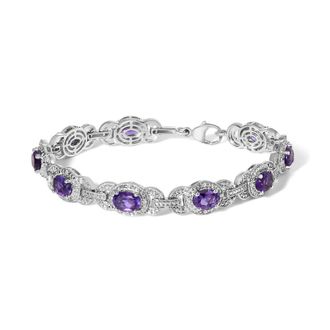 House of Brilliance Sterling Silver Oval Purple Amethyst and Diamond Interlocking Halo Link Bracelet