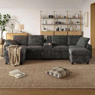 Merax U Shaped Corduroy Sectional Sofa with Ottomans, Charging Ports in Grey