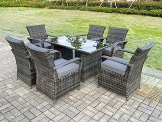 Fimous Outdoor Rattan Garden Furniture Dining Set Table & Chair Set Wicker Patio 6 Chairs Plus Rectangular Table in Dark Grey