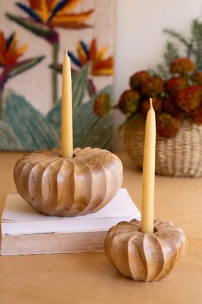 Kalalou Set Of Two Carved Teakwood Pumpkins Taper Candle Holders