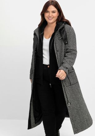 Sheego Trenchcoat SHEEGO, Damen, Gr. 40, schwarz-weiss (schwarz, wei&szlig;), 70% Polyester, 30% Wolle, gemustert, M&auml;ntel Trenchcoat