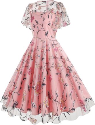 Generic Dress with Sleeves Womens Round Neck Waist Mesh Retro Floral Embroidered Dress Dress Cocktail Dress Long Lace Dresses for Women Plus Size (Pink, XL)