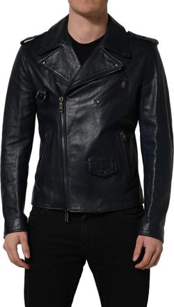 Dolce & Gabbana Black Leather Men Biker Coat Goatskin Jacket Clothing