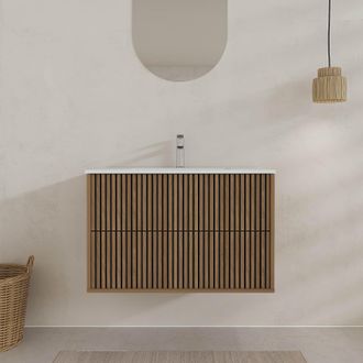 Aurlane Aurlane - Mueble De Ba&ntilde;o Yuki 80 - Acanalado Roble Y Negro - Lavabo Blanco Mate