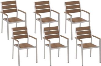 Beliani Conjunto De 6 Sillas De Jard&iacute;n De Metal Plateado Madera Clara Respaldo L&aacute;minas Vernio