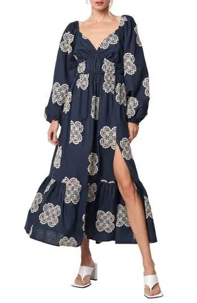 Ciebon Serbita Medallion Embroidery Long Sleeve Cotton & Linen Midi Dress in Navy at Nordstrom Rack, Size X-Small