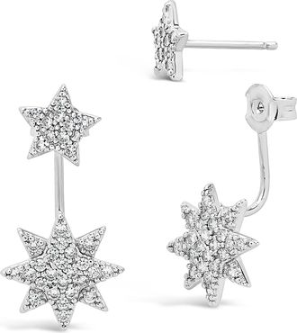Sterling Forever CZ Starburst Jacket Earrings-Gold