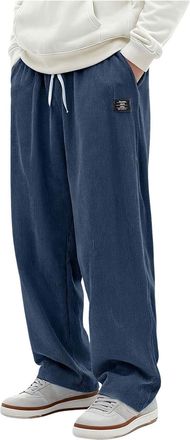 Generic Mens Corduroy Trousers Baggy Wide Leg Loose Fit Smart Casual Trouser Elasticated Waist Drawstring Cargo Pants Solid Colour Straight Leg Bottoms Spring
