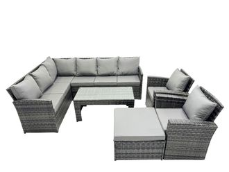 Fimous 9 Seat Poly Rattan Corner Sofa Set with Big Stool 2 Chairs in Dark Grey