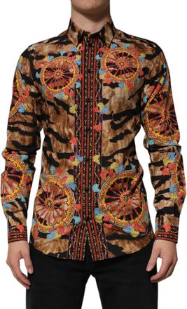 Dolce & Gabbana Mens Gold Cotton Tiger Carretto Long Sleeve Shirt