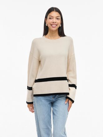 Vila Rundhalspullover VILA VIRIL O-NECK OVERSIZE L/S KNIT TOP- NOOS, Damen, Gr. XXL, super light natural melan stripes:schwarz, Strick, Obermaterial: 50% V