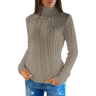 Generic Women Turtle Neck Jumpers Chunky Knit Jumpers Plain Turtleneck Sweater High Neck Knitted Jumpers Solid Color Knit Tops Long Sleeve Pullover Knitwear C