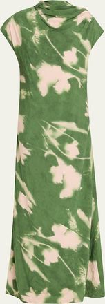 Lela Rose Abstract Floral Crepe A-Line Cap-Sleeve Gown