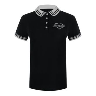 Moschino Womens Love Silver Heart Logo Black Polo Shirt Cotton - Size X-Large