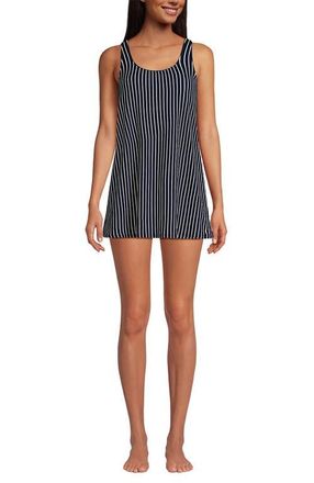 Lands End Plus Size Scoop Neck Mini Swim Dress Swimsuit in Navy/egret White Stripe at Nordstrom, Size X-Small
